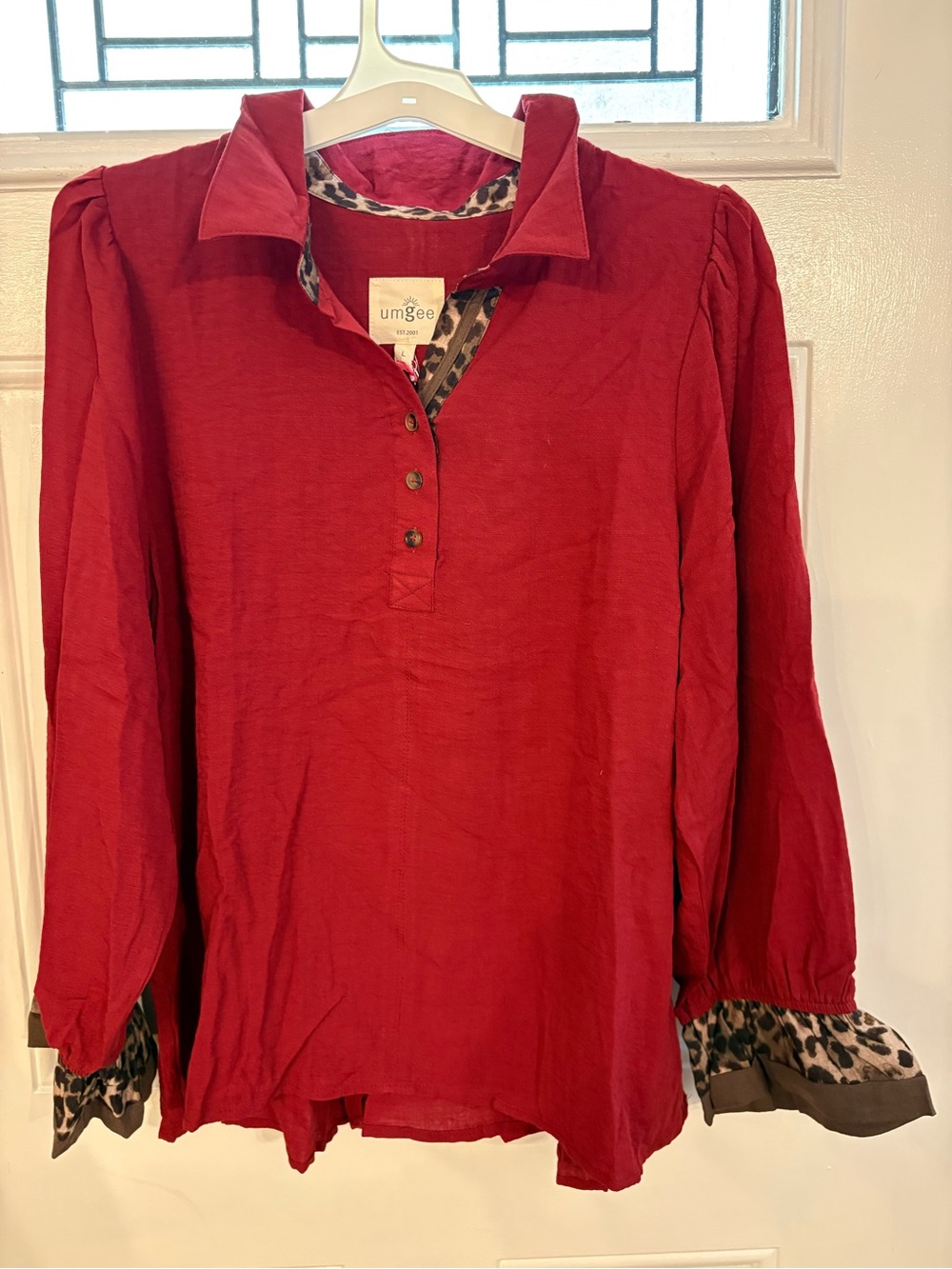 Umgee Crimson Button-Front Blouse with Leopard Trim